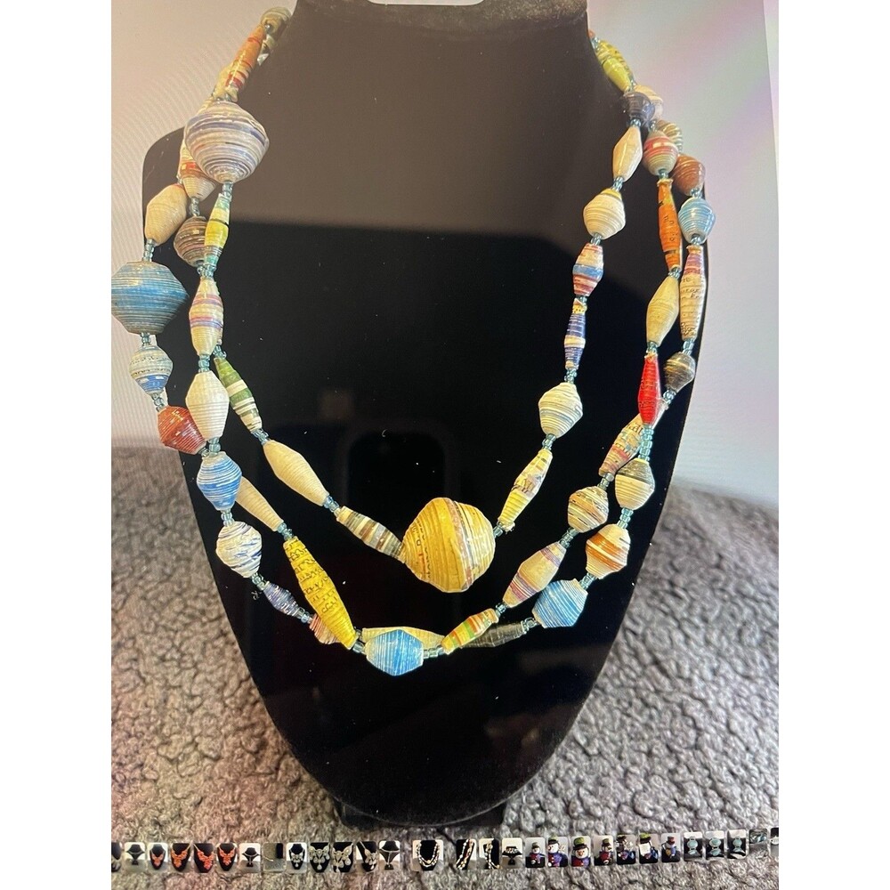 Colorful Rolled Paper Bead 3 Strand Necklace Handmade Style Boho